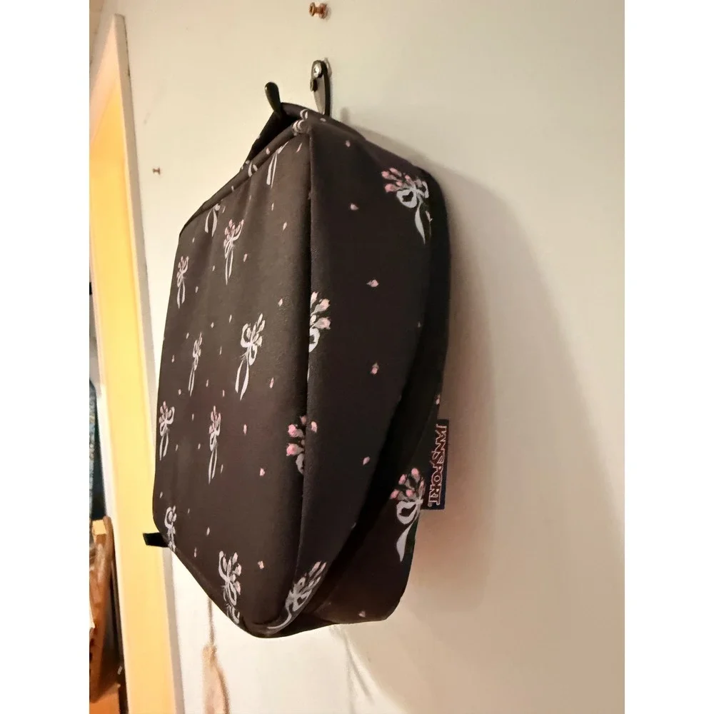 JanSport Lunch Break Insulated Lunch Bag Black Bows Pink Floral Coquette Print